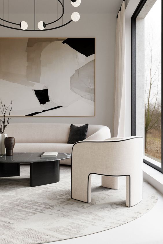 Modern contemporary interior design, timeless design, white, artowrk, furniture, sofa, couch
